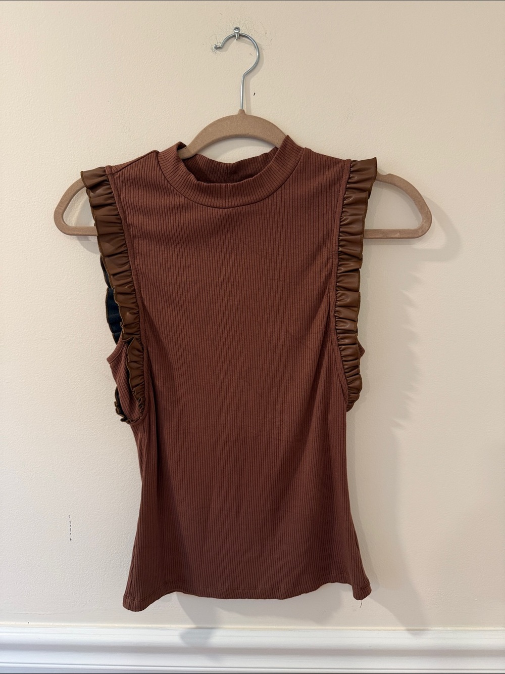 Anthropologie Ribbed Mock Neck Tank with Ruffle Trim - Brown